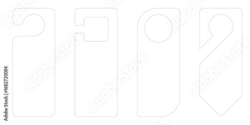Hotel room door hanger mockup with paper tag shapes. Vector design template for die cut signs with handle hook. Cardboard flyer layout for hang labels isolated on white background