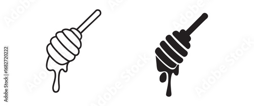 Simple honey dipper spoon with dripping honey icon set, line and solid fill vector illustration 