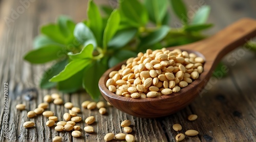 Blanched Peanuts Spilling from a Rustic Wooden Spoon on a Textured Table