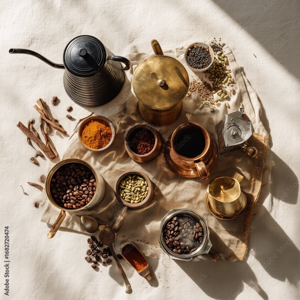 Naklejka premium Global coffee brewers flat lay for Coffee Day: Japanese pour-over, Italian moka, Turkish cezve, French press with beans and spices on linen, natural light