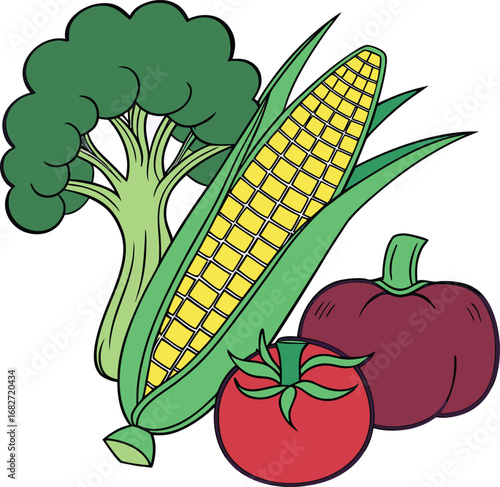 Vector art of a colorful illustration of fresh vegetables including broccoli, corn, tomato, and pumpkin, isolated on a