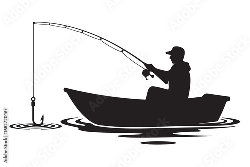 Fishing Silhouette, Fishing Rod, Boat, Hook, Fisherman. Vector black silhouette. with white background