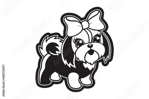 Cartoon Shih Tzu with Bow Isolated on White Background