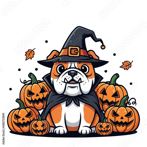 Cute Bulldog in Wizard Costume Surrounded by Carved Pumpkins Halloween Pet Artwork