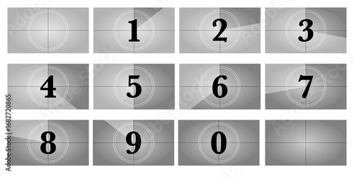 16x9 filmstrip countdown with grunge background and retro camera frames. Classic movie timer numbers for cinema intro or presentation design. Old screen leader animation for video or reel