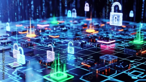 Futuristic digital landscape featuring glowing locks and circuits, symbolizing cybersecurity and technology