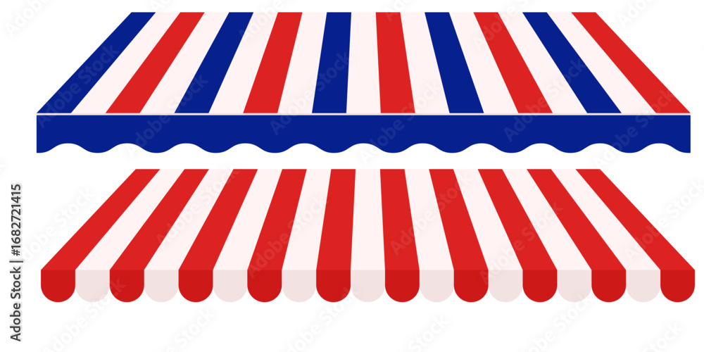 Obraz premium Red White and Blue Tent Canopy Vector Illustration. Striped Awning Roof for Market or Restaurant Use. Classic Outdoor Fair Style Sunshade Isolated on White.