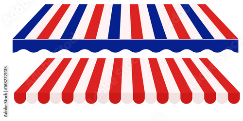 Red White and Blue Tent Canopy Vector Illustration. Striped Awning Roof for Market or Restaurant Use. Classic Outdoor Fair Style Sunshade Isolated on White.
