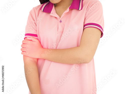 Woman suffering from arm pain, painful in arm muscles. Health care and medical concept. 