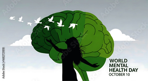 Woman with Open Arms Embraces a Green Brain with Birds Taking Flight