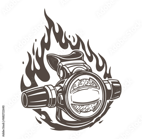 Vintage illustration of a scuba regulator design with fire elements surrounding the device