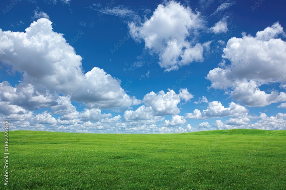 Obraz premium Vast green field under a vibrant blue sky, dotted with fluffy clouds