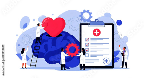 Conceptual Medical Illustration: Brain, Heart, and Medical Checklist