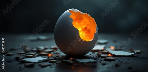 Cracked egg with fire inside, symbolizing new beginnings