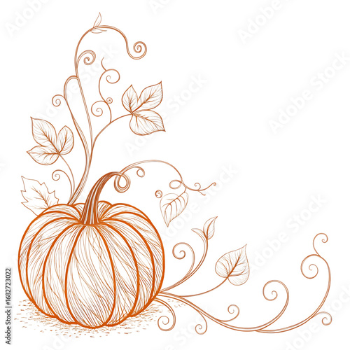 Ornate pumpkin vine corner decoration isolated on transparent background