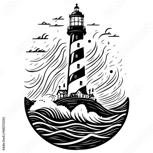 Majestic coastal lighthouse vector illustration standing tall amidst crashing waves under a serene