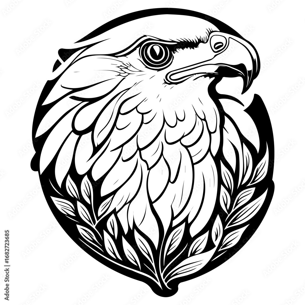 Obraz premium Majestic eagle head illustration surrounded by laurel branches conveys strength freedom and