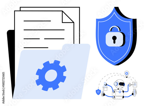 Blue gear folder, document stack, shield with lock, and robot managing icons represent data protection, automation, and secure operations. Ideal for cybersecurity, automation, file management