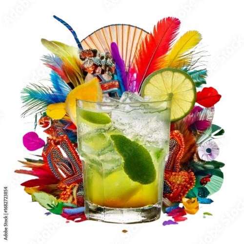 Caipirinha Glass with Samba Dance Elements, Front View, Isolated.