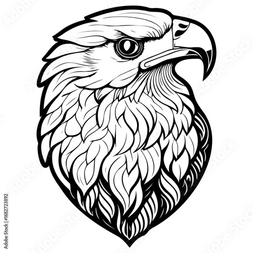 Majestic eagle head in detailed monochrome line art illustration portraying freedom strength and
