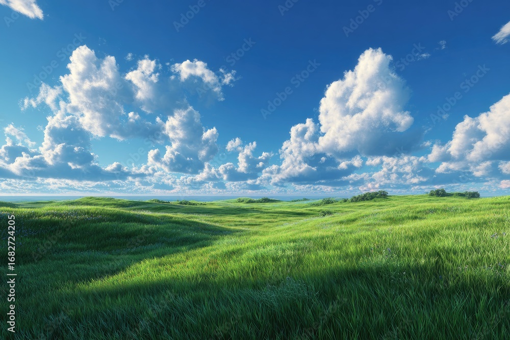 Fototapeta premium Lush green meadow under a partly cloudy sky