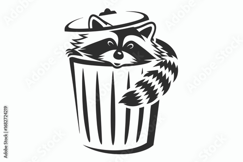 Cartoon Raccoon in Trash Can on White Background, Mascot Logo Design