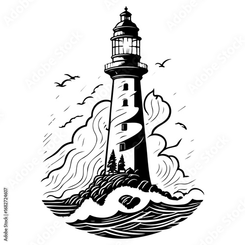 Majestic lighthouse beacon amidst crashing waves and soaring birds guides ships on perilous seas