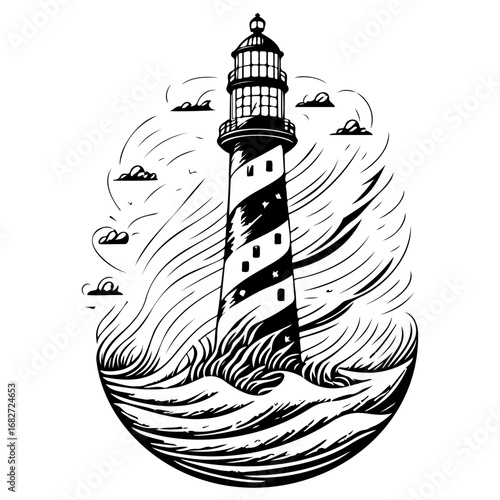 Majestic lighthouse illustration standing tall amidst crashing waves rendered in bold black and