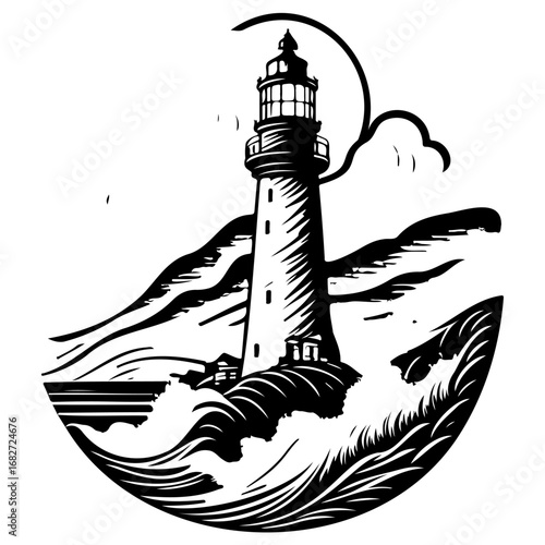 Majestic lighthouse illustration standing tall against the crashing waves a beacon of safety and