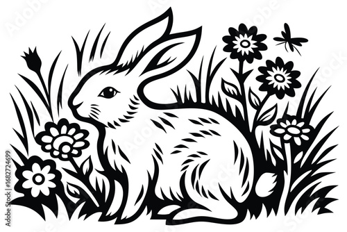 Cute Rabbit Silhouette with Fence and Grass on White BG