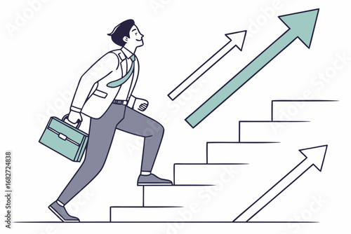 Businessman climbing stairs with arrows pointing upwards, symbolizing career growth