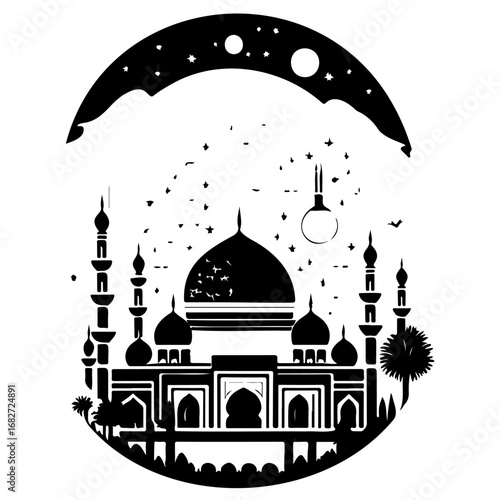 Majestic monochrome mosque silhouette under a serene night sky with twinkling stars and soft
