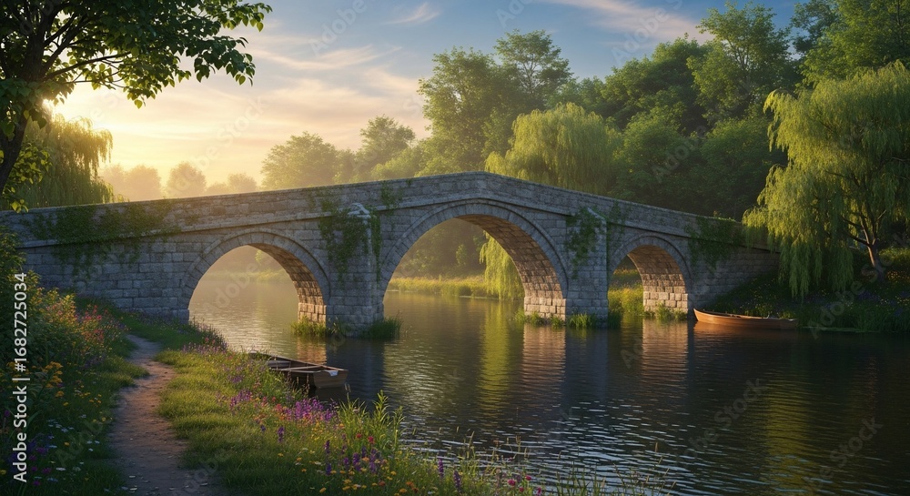 Fototapeta premium Ancient stone bridge over calm river at sunrise.