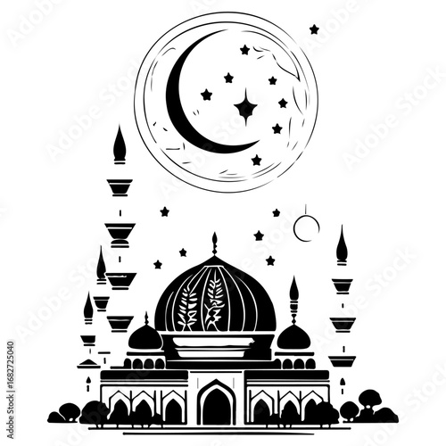 Majestic mosque silhouette under a celestial moon and starry sky evoking serenity and spiritual