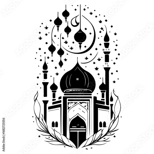 Majestic mosque silhouette under crescent moon and hanging lanterns amidst celestial starbursts