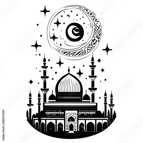Majestic mosque silhouette under a crescent moon and starlit sky evokes spiritual serenity