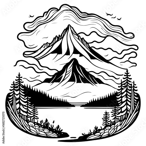 Majestic mountain landscape artwork displays serene lake, towering peaks, and wispy clouds above