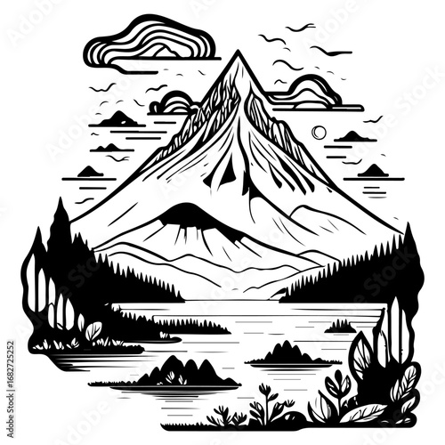 Majestic mountain peak overlooking tranquil lake surrounded by dense forest illustration