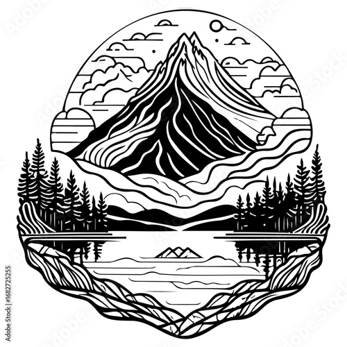 Majestic mountain peak reflected in serene lake surrounded by lush forests in circular frame