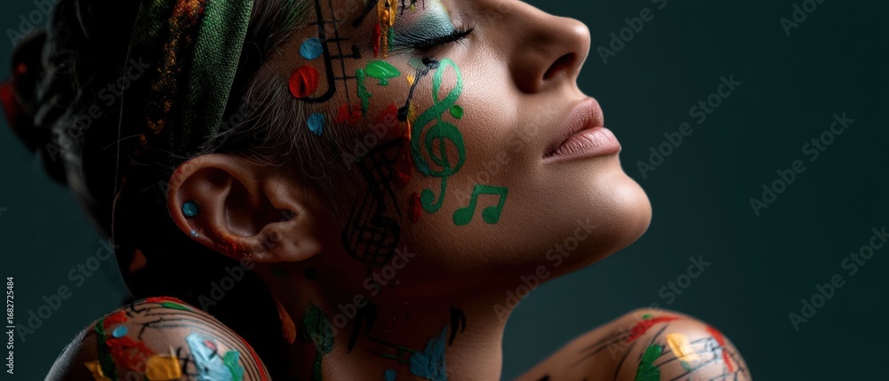 Naklejka premium Close up of a womans face with music notes artistically painted