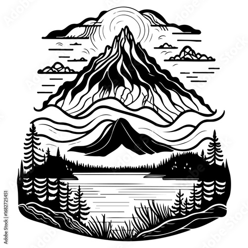 Majestic mountain peaks rising above serene lake and forest landscape with stylized sun and clouds