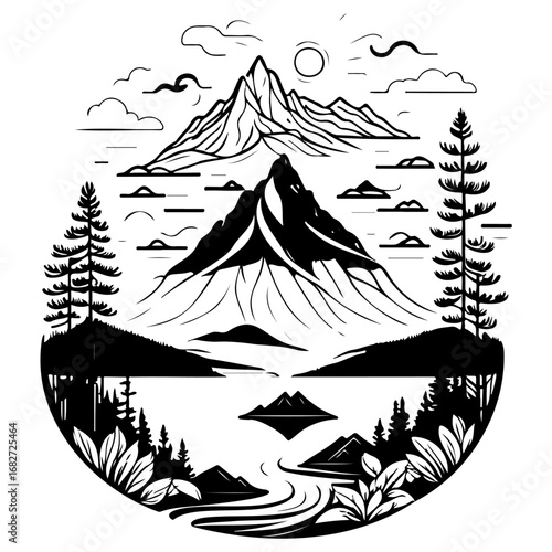 Majestic mountain peaks reflected on a pristine lake embraced by serene nature and scenic vista