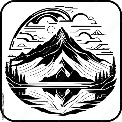 Majestic mountain reflection in serene lake evokes tranquility and natural beauty in illustrative