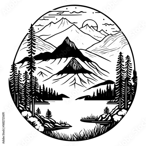 Majestic mountain vista featuring lake reflections in a circular frame creates a peaceful nature