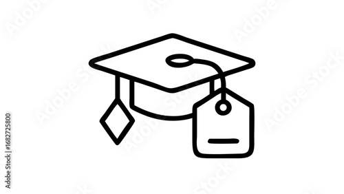 A simple line icon of a graduation cap with a price tag, symbolizing the cost of education and student debt.