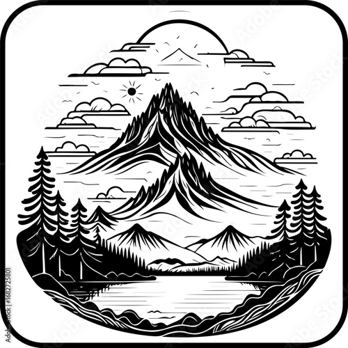 Majestic mountainscape illustration with serene lake and forest scene captured with artistic