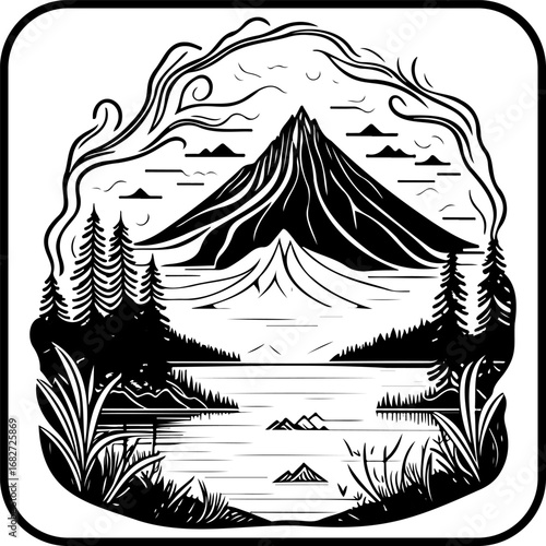 Majestic peak reflected on tranquil waters amidst evergreen forests and whimsical cloud patterns