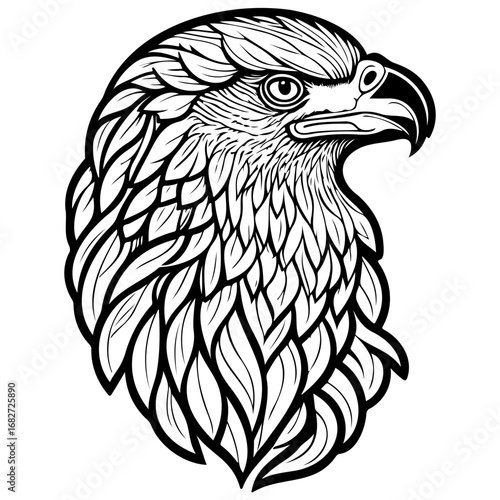 Majestic predator portrait showcasing fierce gaze and intricate feathered design illustrating