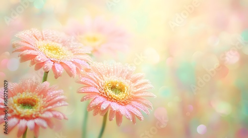 Vibrant floral arrangement glows in morning sunlight with delicate dew drops on petals and a soft garden backdrop.