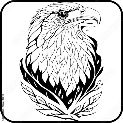 Majestic soaring avian illustration features detailed plumage and powerful gaze evoking freedom